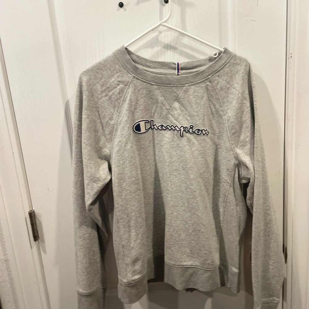 Champion Light Gray Pullover Sweatshirt with Navy Logo